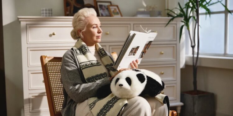 woman sits, reading, with a cuddly AI baby panda robot on her lap