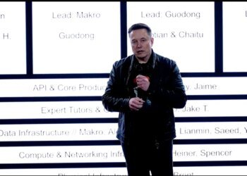 Elon Musk stands in front of xAI's new org chart