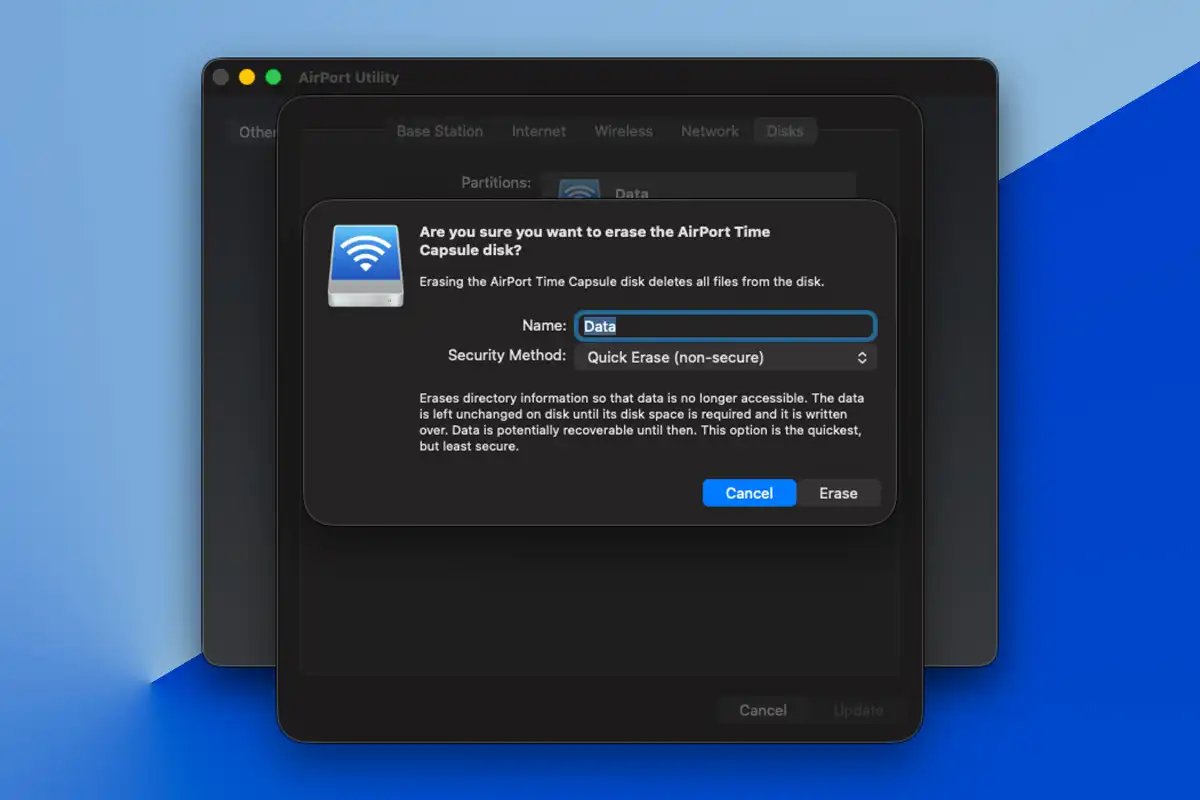 time capsule settings showing erasing a disk