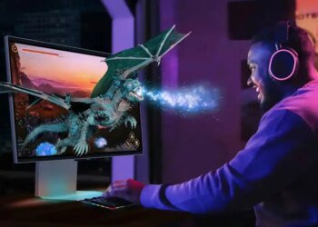 Samsung Odyssey 3D G90XF promo dragon crashing through screen