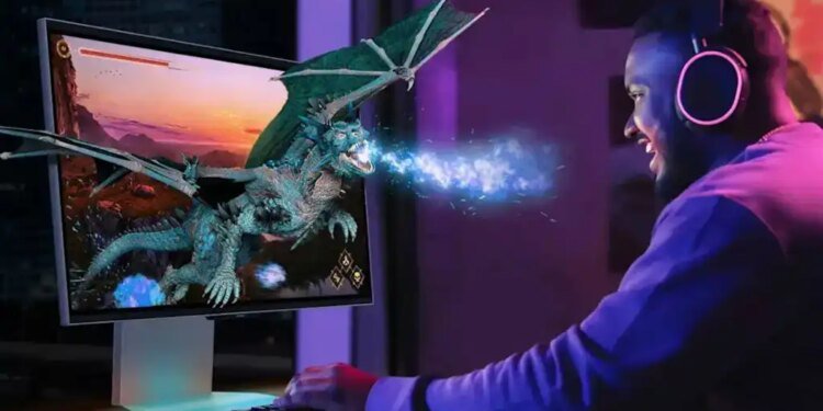 Samsung Odyssey 3D G90XF promo dragon crashing through screen