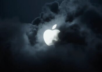 Apple logo behind clouds