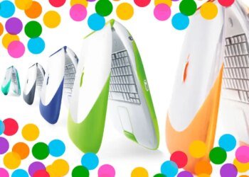 ibook in green orange, blue, team, and graphite surrounded by colored circles