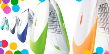 ibook in green orange, blue, team, and graphite surrounded by colored circles