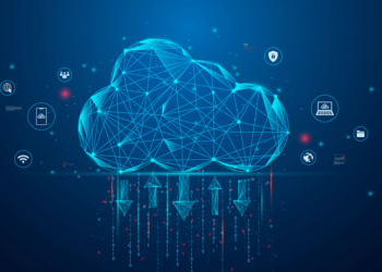 Drawing of a cloud on a blue background with arrows going in and out of the cloud to show the syncing concept.