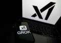 The Grok logo appears on a phone and the xAI logo is displayed on a laptop.