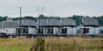 Gas turbines are visible at an xAI data center on Riverport Rd in Memphis, TN on April 25, 2025.