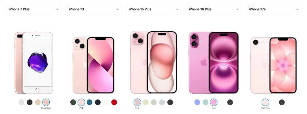 All pink iPhones: iPhones 7 Plus, 13, 15 Plus, 16 Plus, 17e