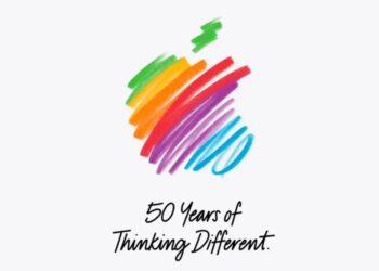 apple logo scribbled with "50 years of thinking different" underneath