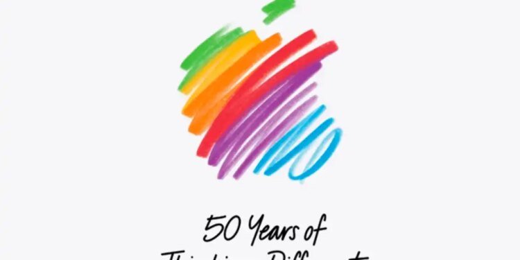 apple logo scribbled with "50 years of thinking different" underneath