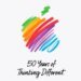apple logo scribbled with "50 years of thinking different" underneath