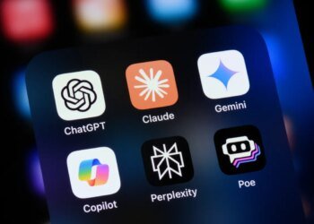 Popular AI virtual assistant apps on an Apple iPhone: ChatGPT, Claude, Gemini, Copilot, Perplexity, and Poe.