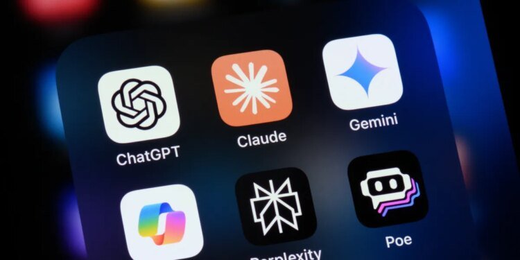 Popular AI virtual assistant apps on an Apple iPhone: ChatGPT, Claude, Gemini, Copilot, Perplexity, and Poe.