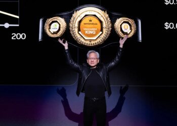 Nvidia's CEO Jensen Huang gestures during a keynote address at Nvidia's GTC Conference on March 16, 2026 in San Jose, California.