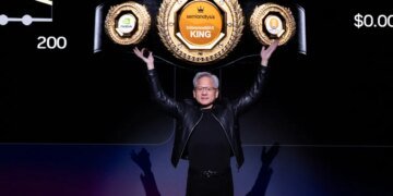 Nvidia's CEO Jensen Huang gestures during a keynote address at Nvidia's GTC Conference on March 16, 2026 in San Jose, California.