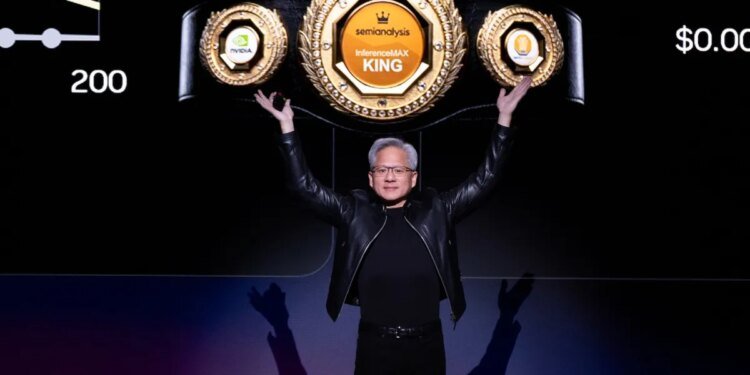 Nvidia's CEO Jensen Huang gestures during a keynote address at Nvidia's GTC Conference on March 16, 2026 in San Jose, California.