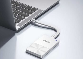 Photo of TouchLock drive connected to laptop computer.