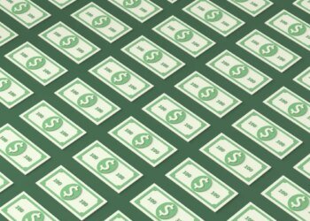 an illustration of patterned 100 dollar bills on a green background