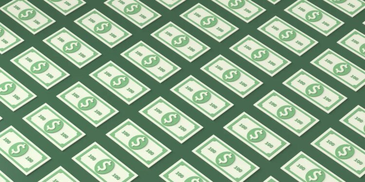 an illustration of patterned 100 dollar bills on a green background