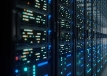 Modern data center with servers with lights on them.